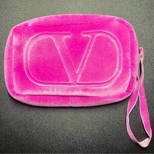 Valentino Beauty Small Hot Pink Velvet Travel Pouch Makeup Wrist Bag Clutch